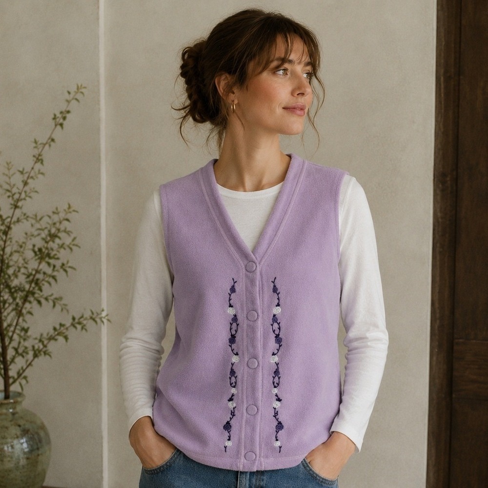 VTG East West Fleece Vest Women's S Lilac Warm Cozy Soft Grandma Core Roses